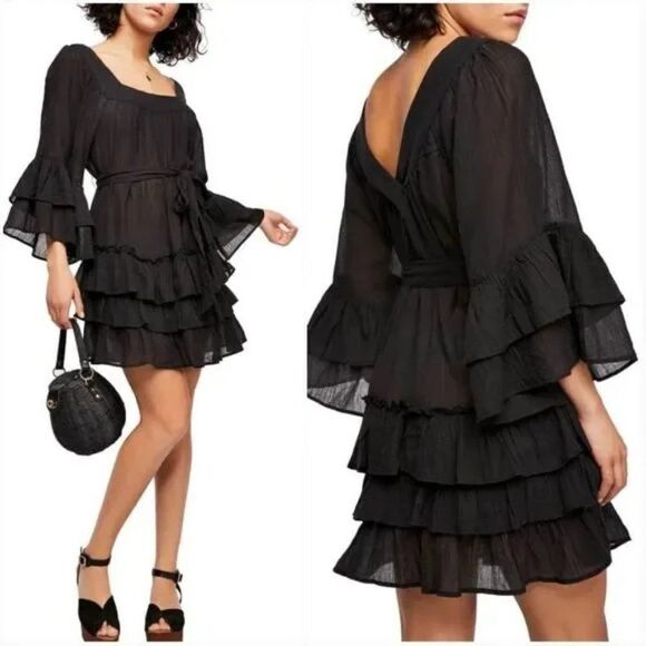 Free People 'Gretta' Ruffle Minidress - size Small in Black - Picture 1 of 13